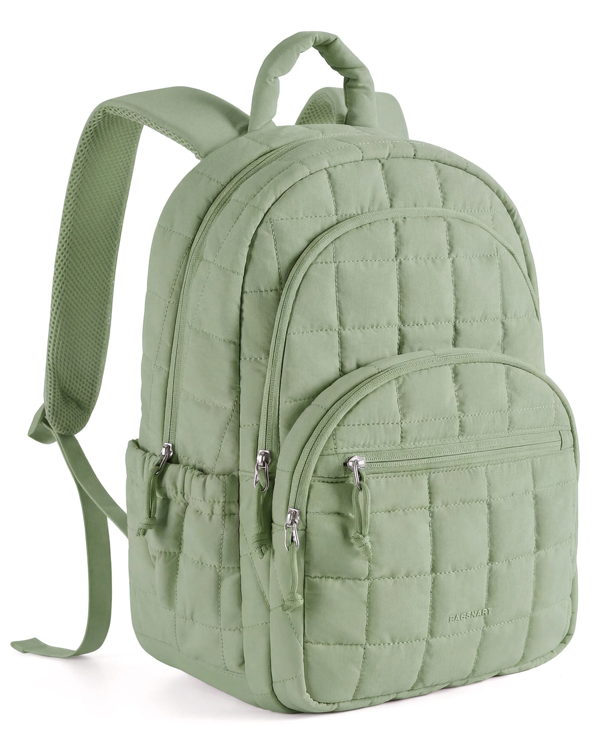 A light green quilted laptop backpack with a padded shoulder strap.
