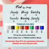 A guide showing font options and thread colors for a personalized embroidered cosmetic bag.