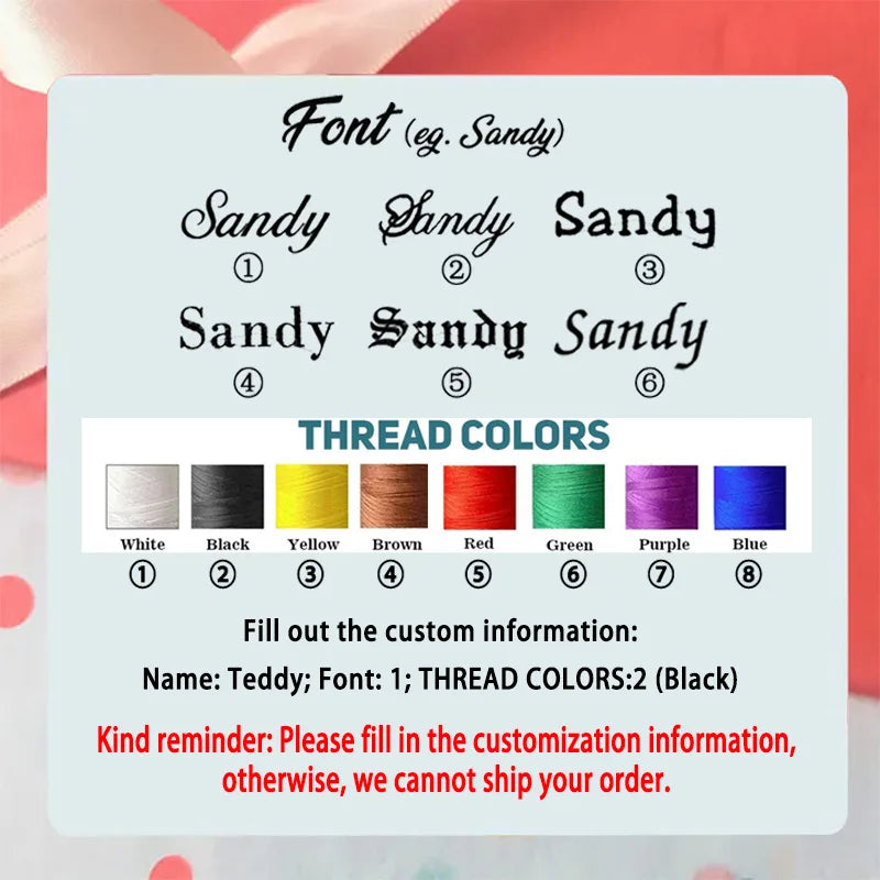 A guide showing font options and thread colors for a personalized embroidered cosmetic bag.