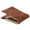 A brown leather wallet is shown open, displaying a card slot and coin pocket.