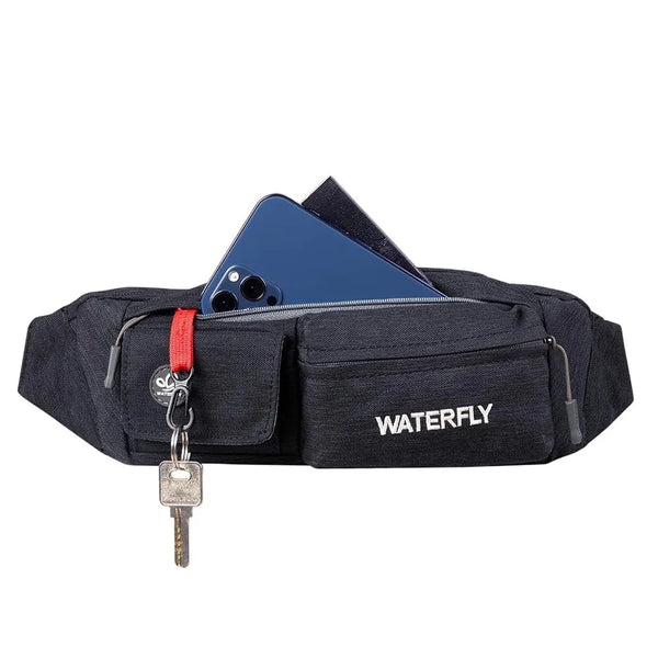A black slim multi-pocket waist bag with a hidden security compartment and a blue smartphone inside.
