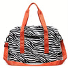 Orange nylon travel duffle bag with a black and white zebra stripe pattern