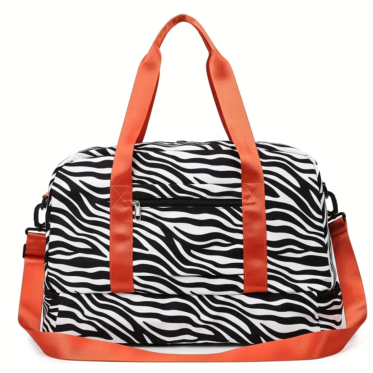 Orange nylon travel duffle bag with a black and white zebra stripe pattern
