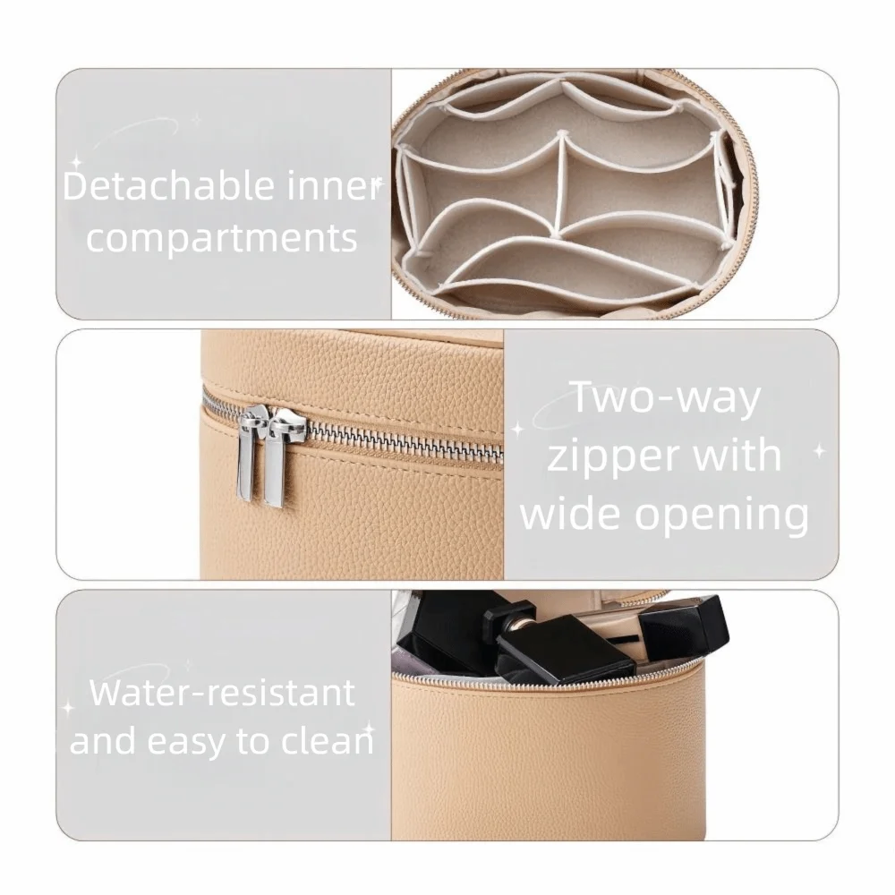 A beige travel makeup organizer featuring detachable inner compartments, a two-way zipper with wide opening, and water-resist