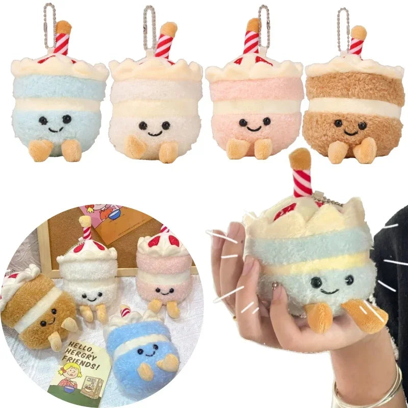 Several fluffy bread-shaped plush keychains in pastel colors and textures.