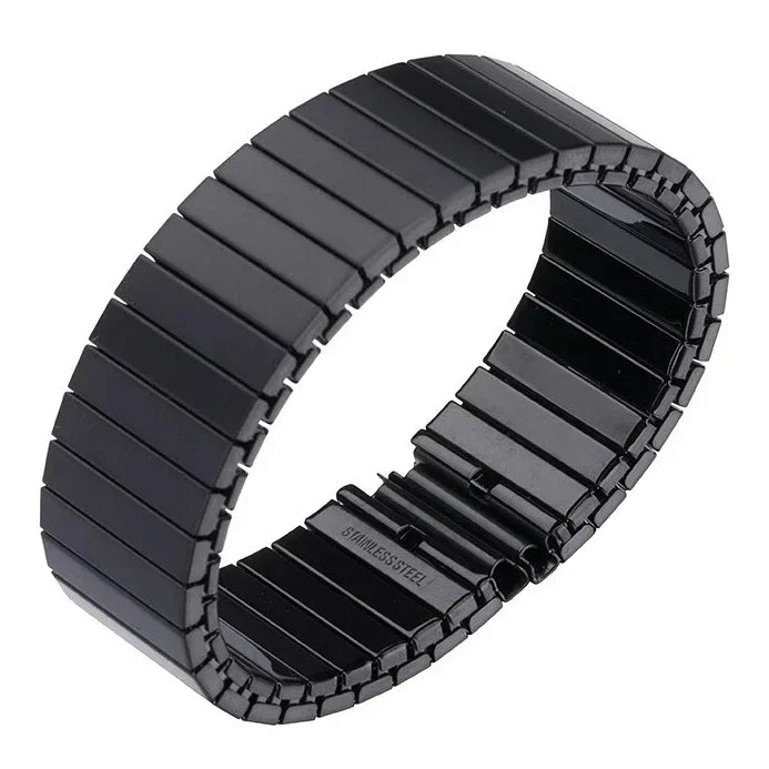 Black stainless steel expansion watch band shown on a white background.