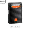 Black carbon fiber RFID-blocking minimalist slim wallet with an orange accent.