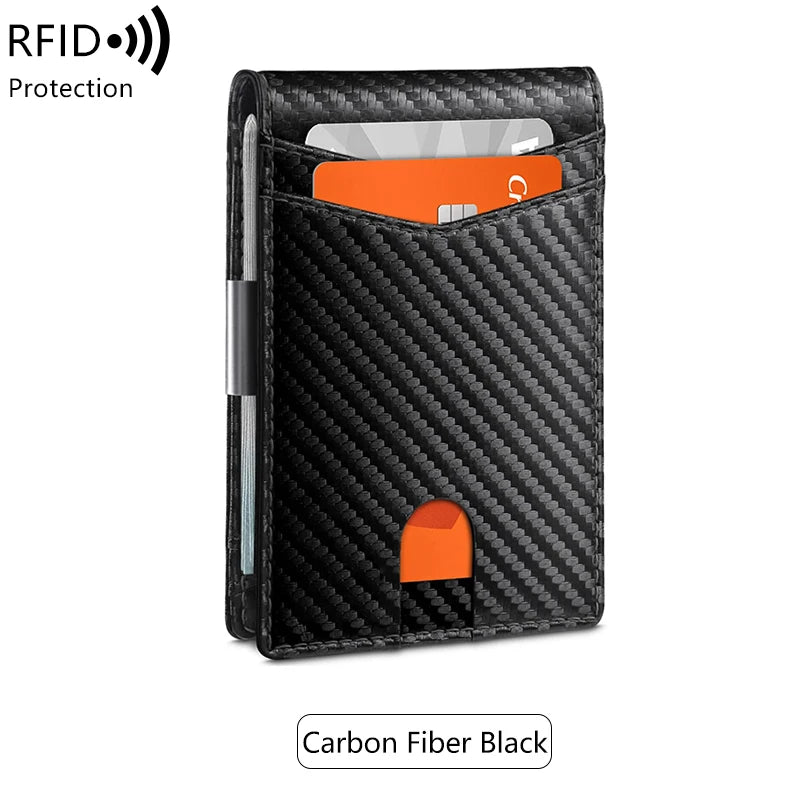 Black carbon fiber RFID-blocking minimalist slim wallet with an orange accent.