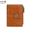 A brown leather multi-card wallet with stitching and a decorative embossed design.