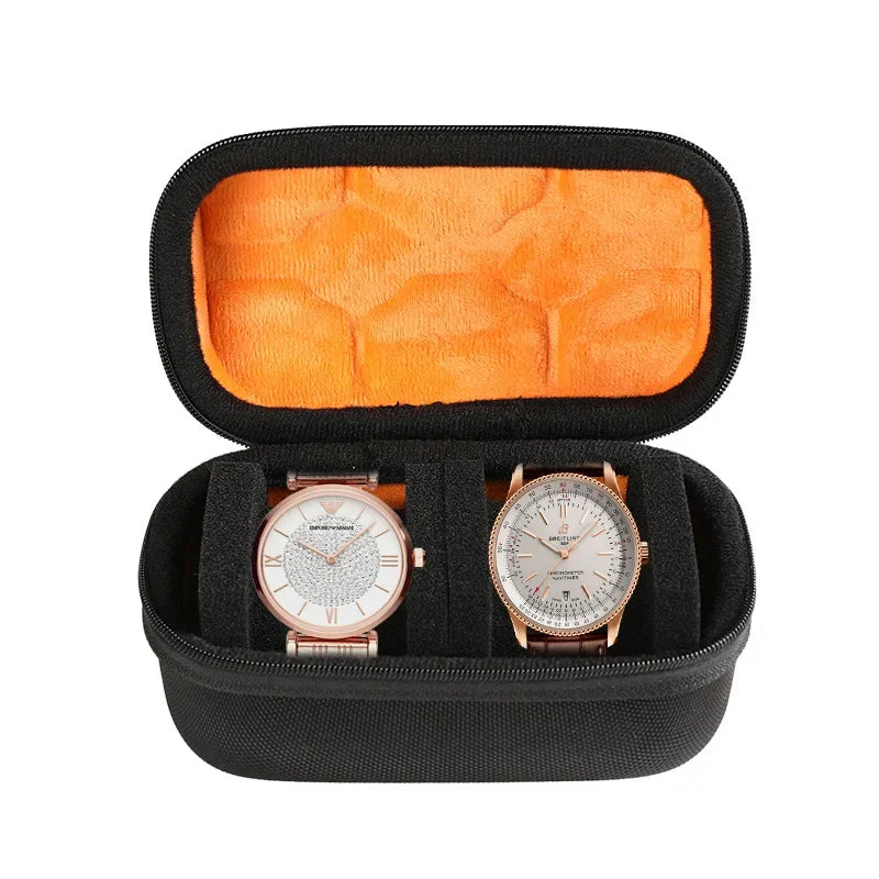 Black watch organizer case with an orange soft lining and a watch slot.