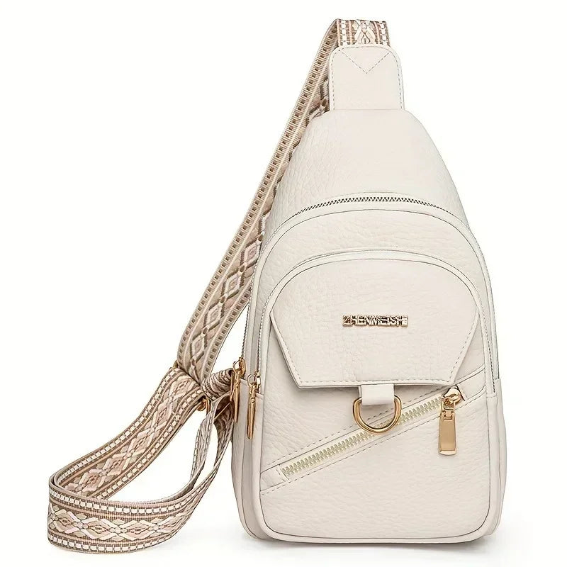 Beige Kunstleder-Crossbodytasche mit strukturiertem Riemen und goldenen Details