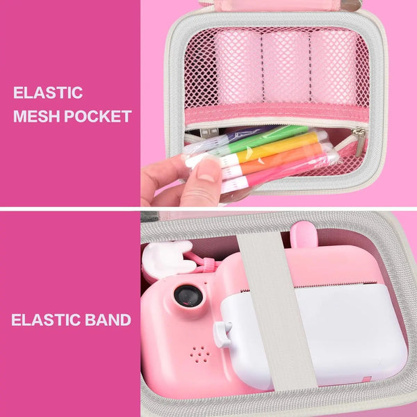 Boîte de rangement rose pour appareil photo instantané pour enfants avec poche en maille élastique et bande élastique.