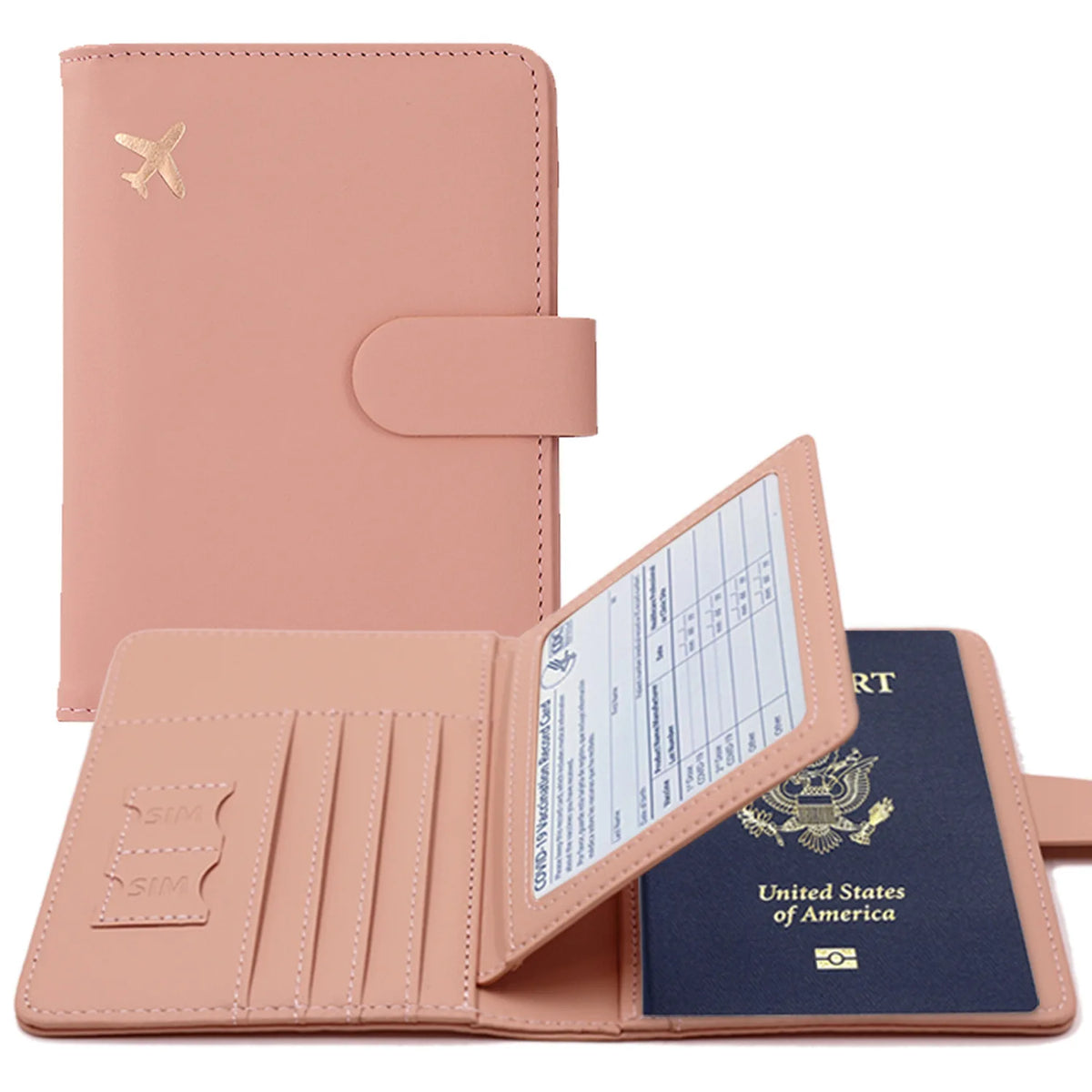 A pink slim PU leather RFID blocking passport and ID wallet with a small bird emblem.