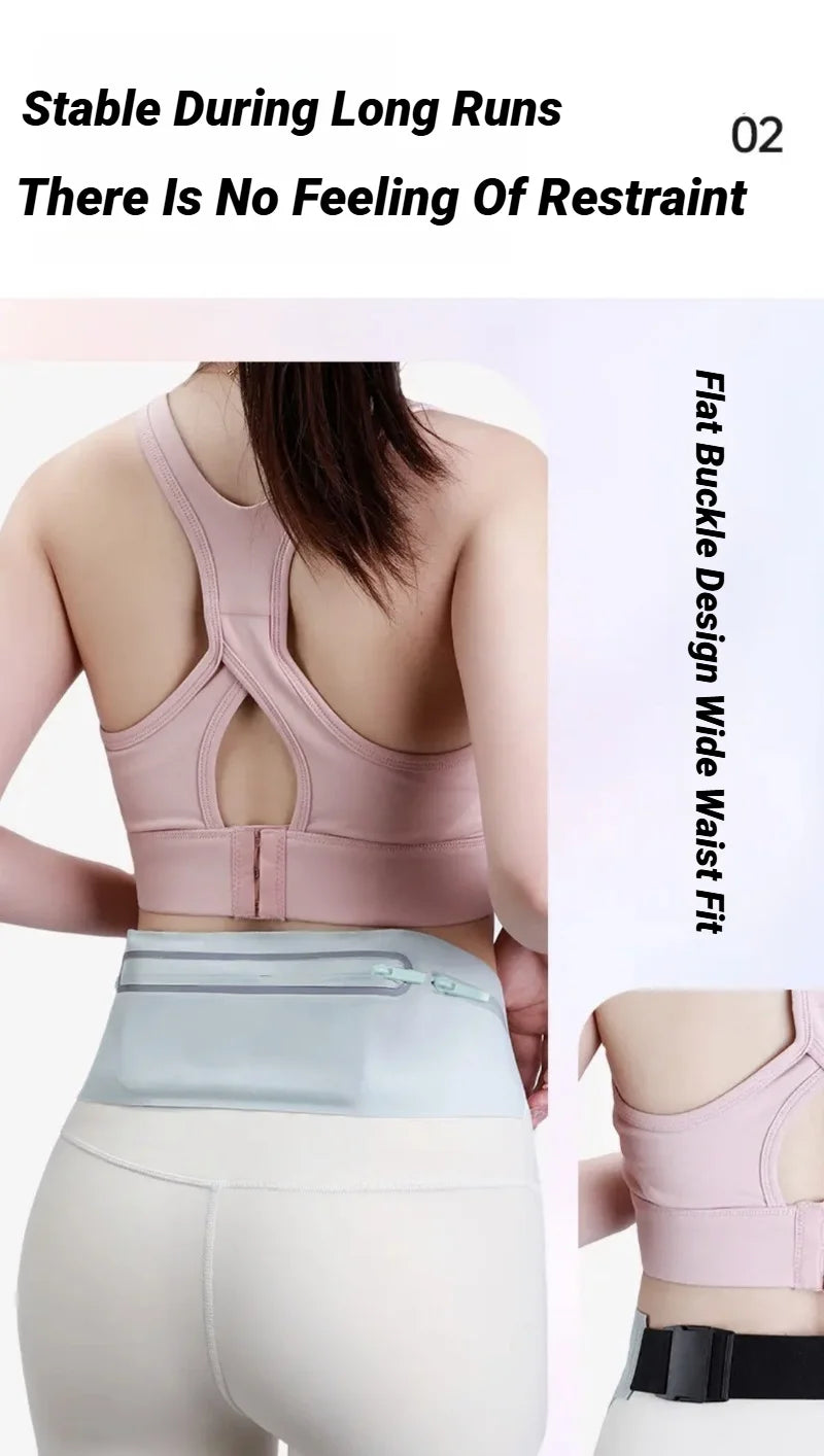 A pink flat buckle design wide waist fit running pack worn on a person's torso.