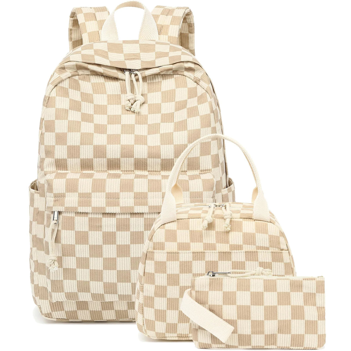 A beige corduroy strawberry backpack set featuring a checkered pattern.