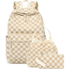 A beige corduroy strawberry backpack set featuring a checkered pattern.