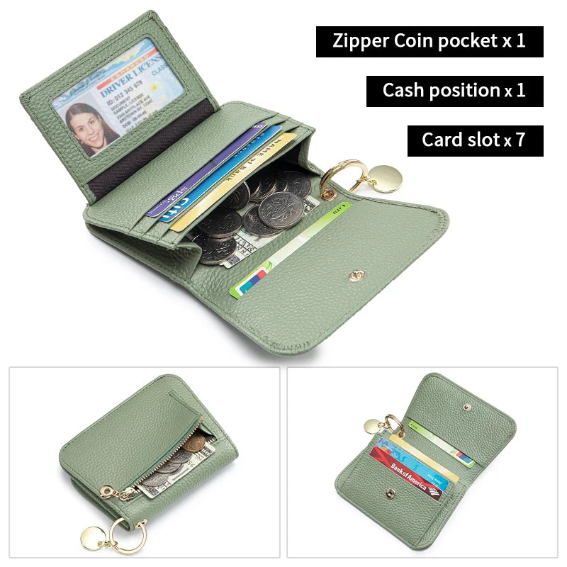 A green leather slim tri-fold wallet with a zipper coin pocket, card slots, and a driver's license holder.