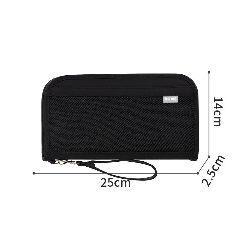 Portefeuille organisateur de voyage noir premium pour cartes et documents, montré à plat avec les dimensions.