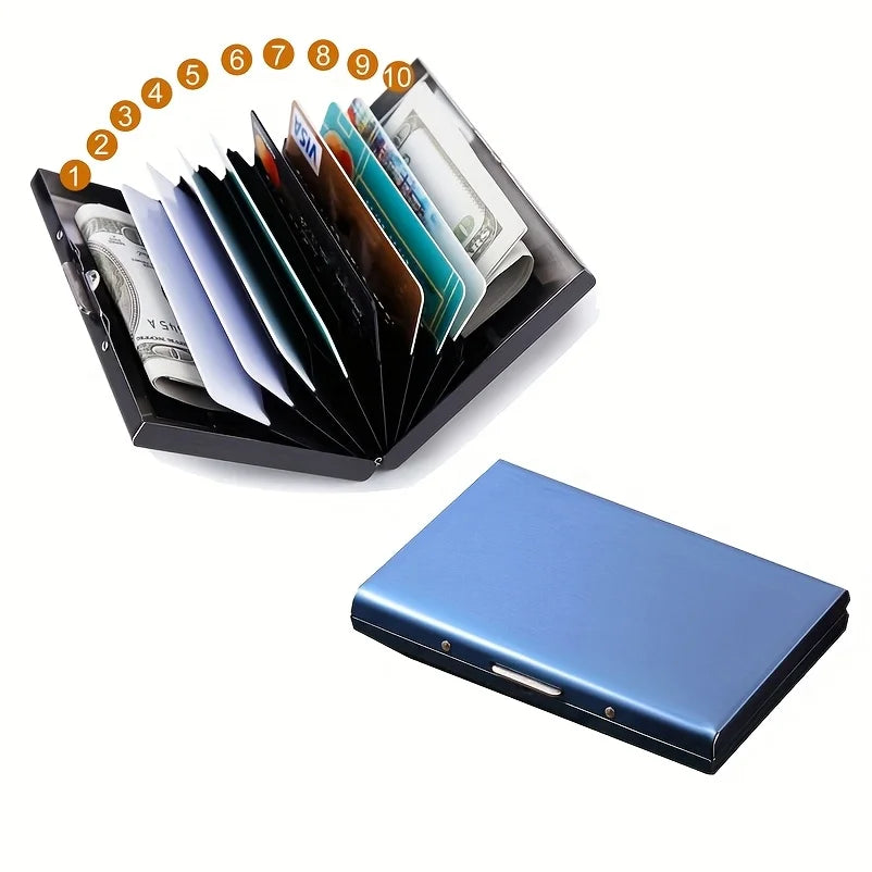 Eine schwarze RFID-Kreditkarten-Wallet, geöffnet, zeigt verschiedene Karten und nummerierte Finger, die darauf zeigen.