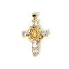 A gold-plated cross and Virgin Mary charm pendant featuring cubic zirconia stones.