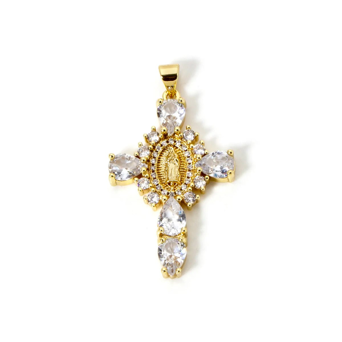 A gold-plated cross and Virgin Mary charm pendant featuring cubic zirconia stones.