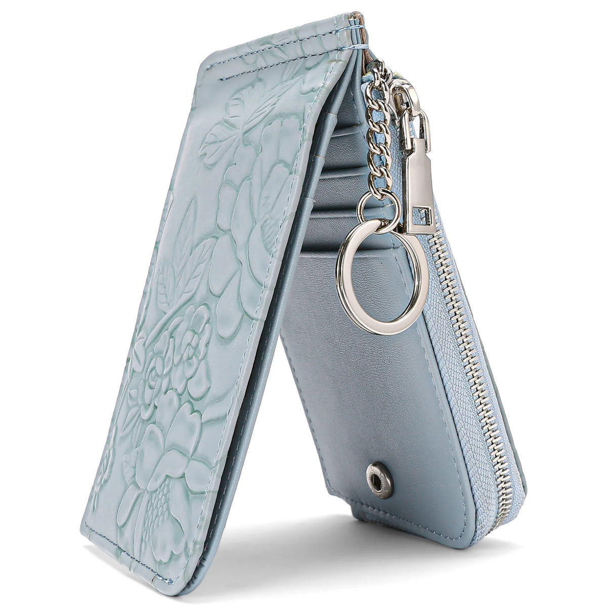 A light blue leather zip coin purse with a floral embossed design and a silver key ring.