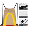 A beige kraft paper drawstring bag with a yellow accent, showing features like water repellency and smooth thickness.