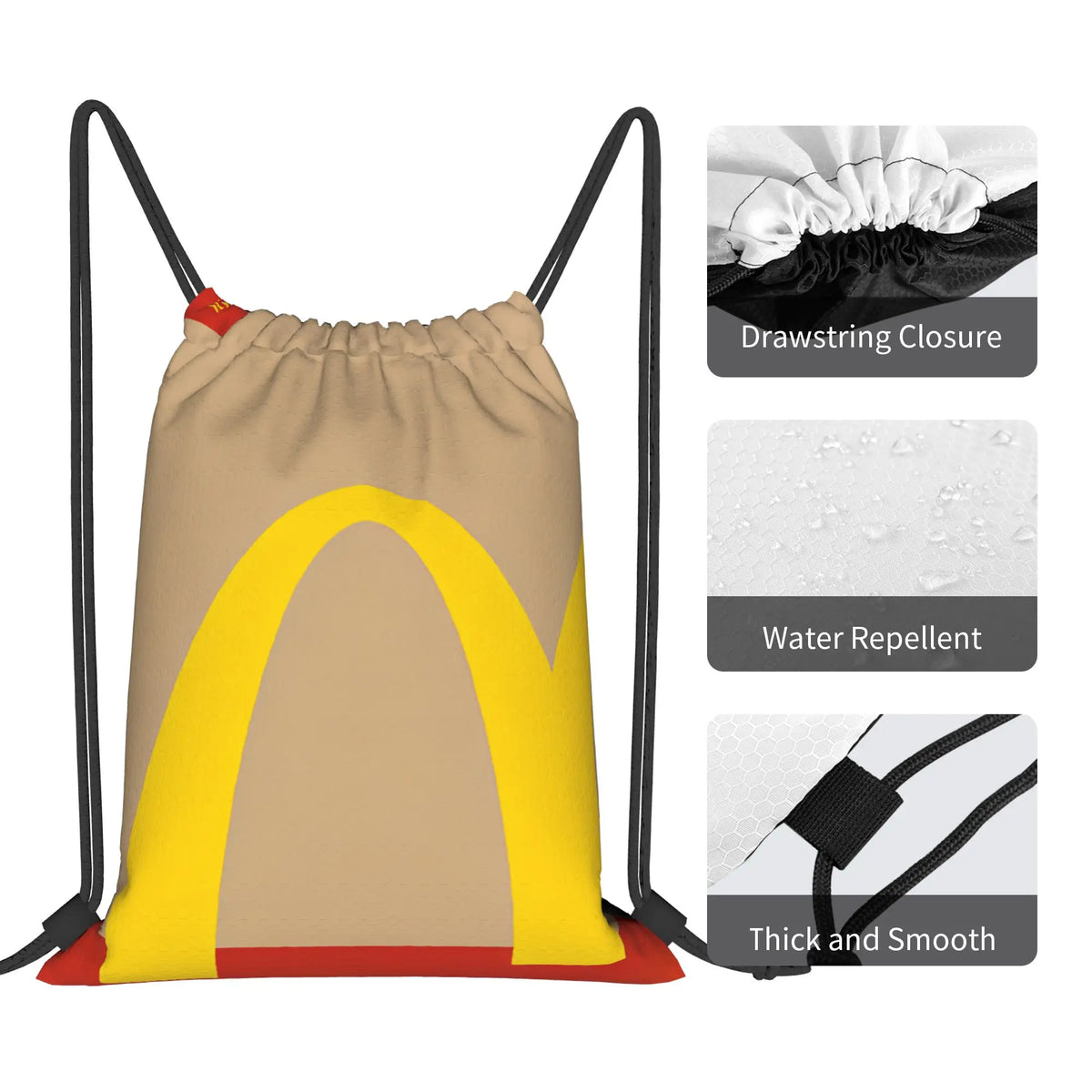 A beige kraft paper drawstring bag with a yellow accent, showing features like water repellency and smooth thickness.