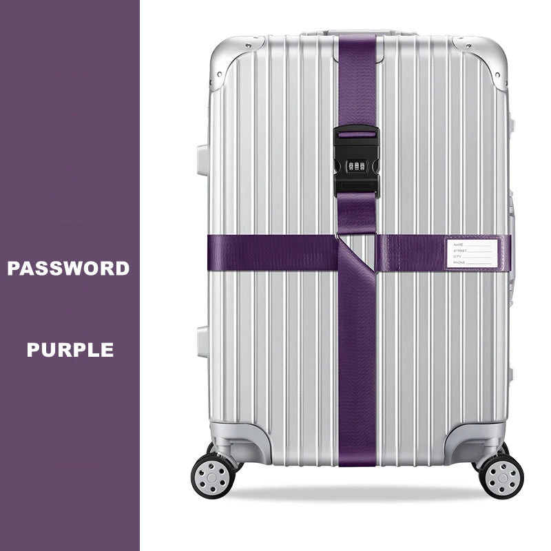 Silver adjustable luggage with purple cross straps and bundling belts