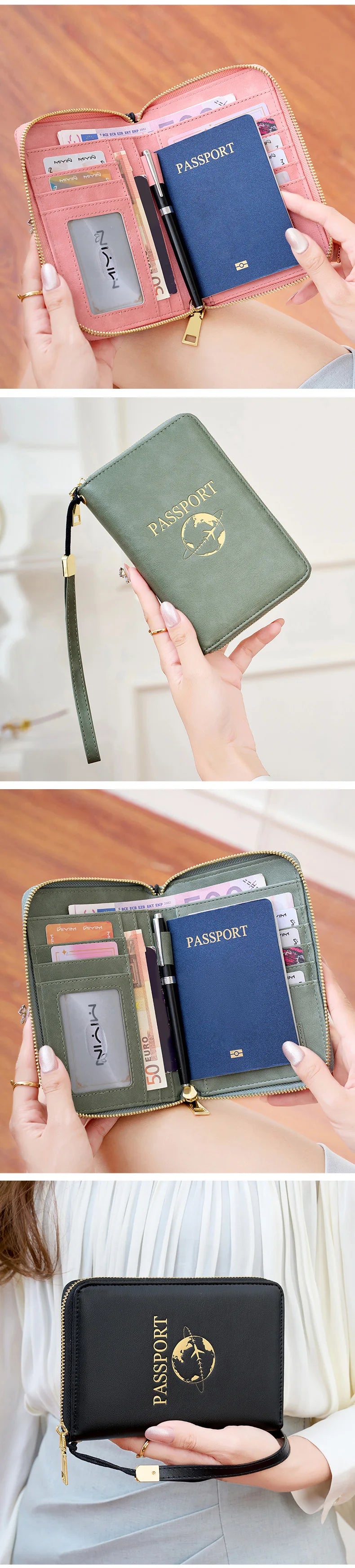 A black leather passport wallet with a gold clasp and wrist strap is shown being held by a person.