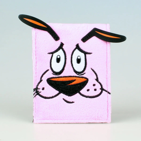 Pink faux fur anime embroidered card wallet featuring a stylized rabbit face with black and orange ears