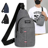 A gray men's waterproof crossbody fanny pack shown with various strap options and a person wearing it.
