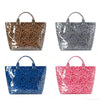 Four tote bags in leopard print and solid colors: brown, gray, blue, and pink.