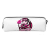A white leather pencil case featuring a pink-haired monster character design.