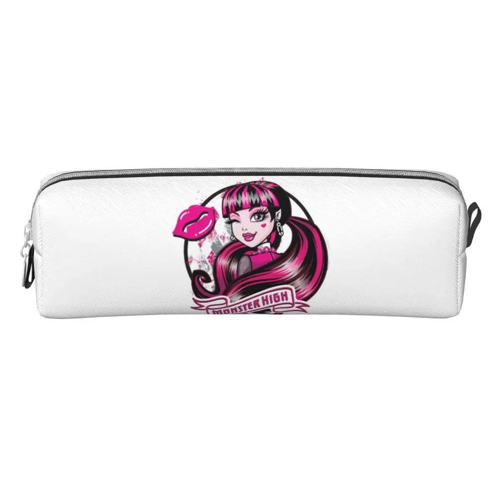 A white leather pencil case featuring a pink-haired monster character design.