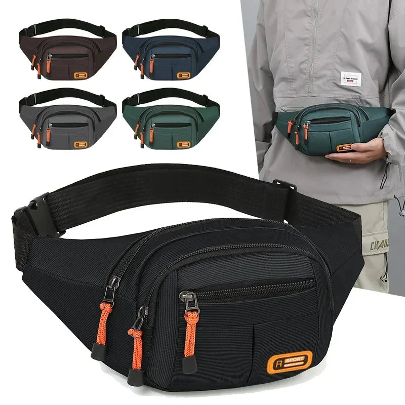 A black multifunctional anti-theft waist pack shown with various color options and a person wearing it.