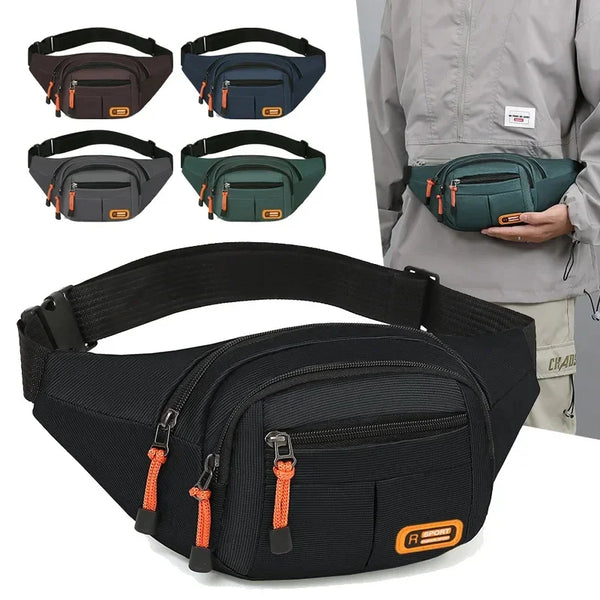 A black multifunctional anti-theft waist pack shown with various color options and a person wearing it.
