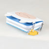 A white and blue anime trifold zipper wallet with a yellow cat charm attached to the zipper pull.