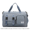 A light gray nylon travel duffle bag with a quilted pattern and blue straps.