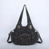 A dark gray vintage PU leather hobo shoulder bag with brass hardware and multiple pockets.