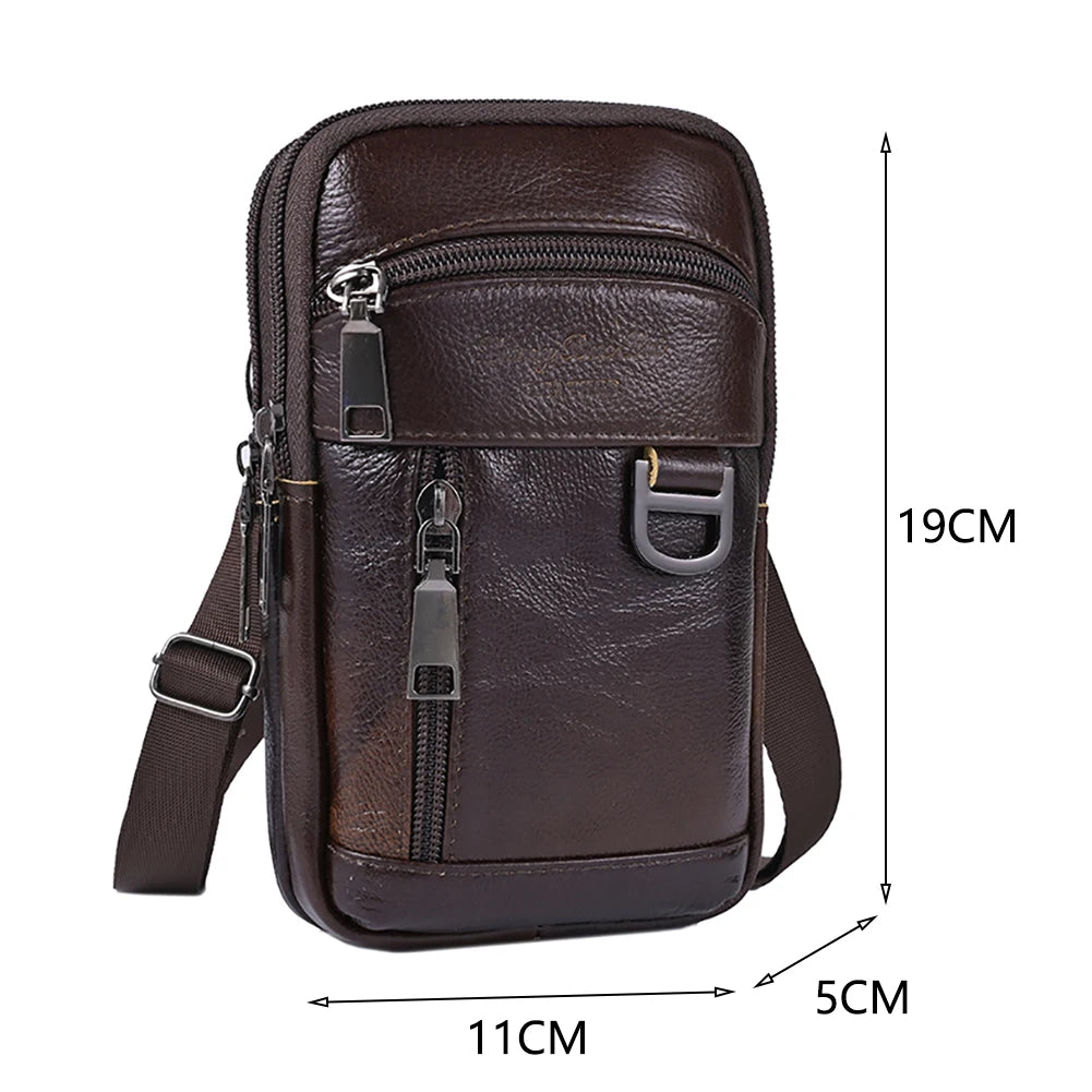 A dark brown vintage cowhide leather crossbody bag shown with dimensions.
