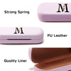 Pink PU leather hard shell eyeglass case with a letter charm showing strong spring and quality liner features