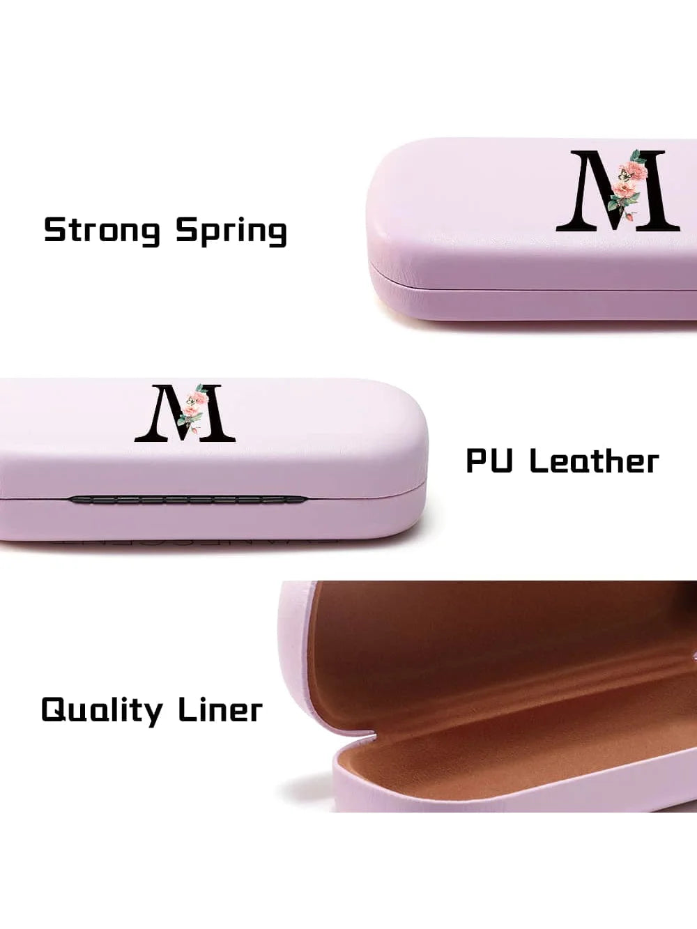 Pink PU leather hard shell eyeglass case with a letter charm showing strong spring and quality liner features