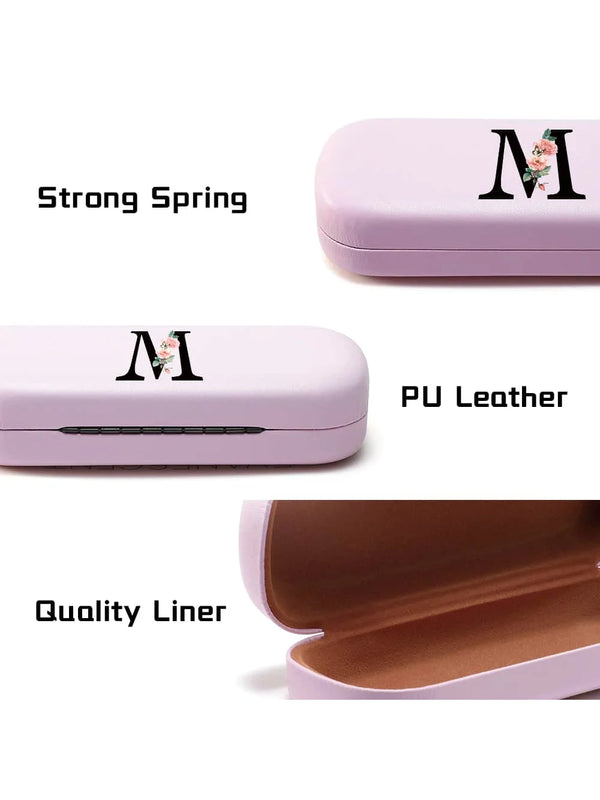 Pink PU leather hard shell eyeglass case with a letter charm showing strong spring and quality liner features