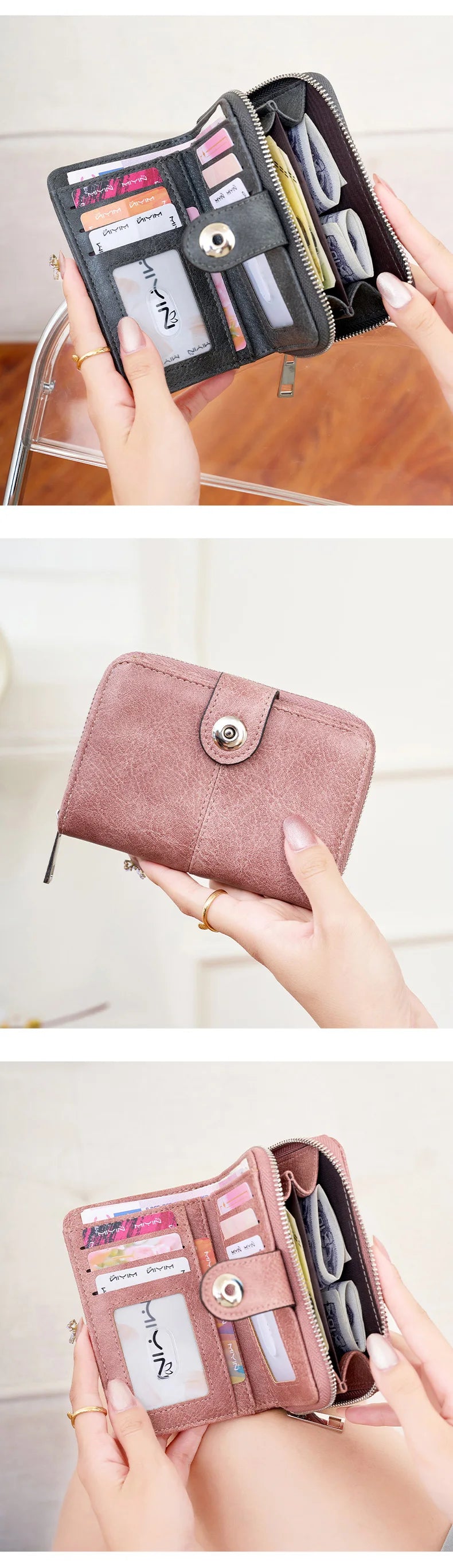A close-up of a pink vintage RFID blocking multi-function women's wallet being held by hands.