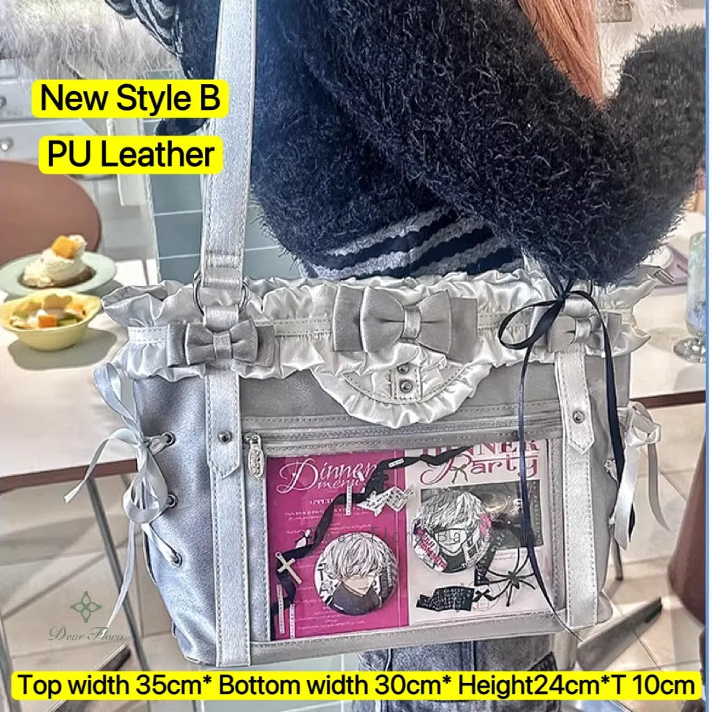 Silver PU leather shoulder tote bag with a bow detail and a clear window featuring a magazine cover.