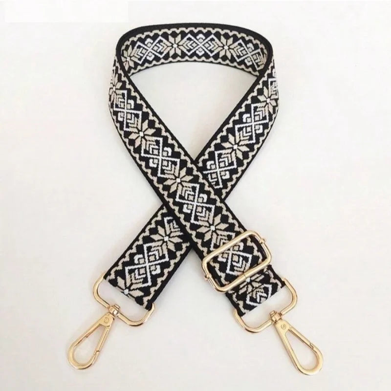 Black and white patterned replacement bag strap with gold-toned adjustable clasps
