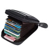 A black slim leather wallet with a flap open, showing several cards inside.