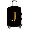 Black rolling suitcase with a gold letter J embossed on the side.