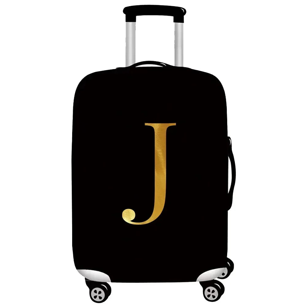 Black rolling suitcase with a gold letter J embossed on the side.